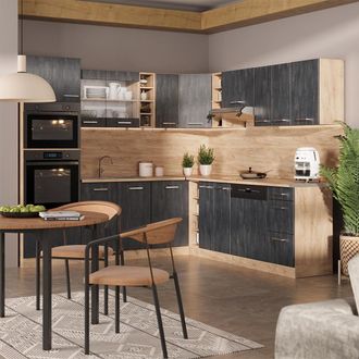 Vicco Cocina Esquinera R-line, Hormig&oacute;n Negro/roble Dorado, 237 X 247 Cm Et Roble