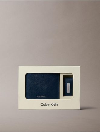 Calvin Klein Mens Saffiano Leather Bifold Wallet + Money Clip Set - Navy