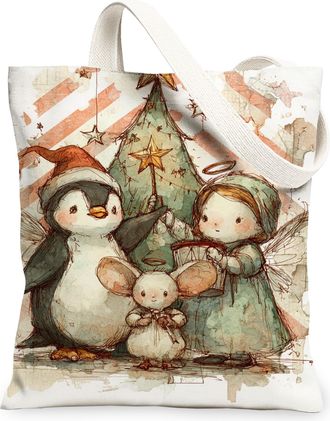 Generic Christmas Animal Canvas Tote Bags, Penguin and Mouse Design Reusable Grocery Bags, Winter Lightweight Washable Canvas for T, White, 13x15 Inch