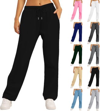 Generic Baggy Joggers for Women Straight Wide Leg Drawstring Elastic Waist Sweatpants UK Ladies Plain Loose Tracksuit Bottoms Winter Cozy Fleece Joggers Sweat
