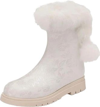 Generic Womens Casual Mid Calf Boots Round Toe Med Square Heel With Side Zipper And Floral Butterfly-Knot Accent