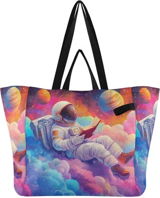 Generic Astronaut Clouds Colorful pattern Reusable Canvas Tote Bag, Heavy Duty Grocery Shopping Bag with Large Capacity Hard Bottom Double Handles Work Grocer