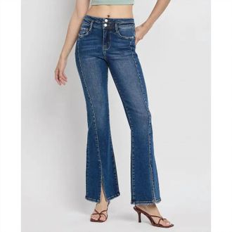 Flying Monkey High Rise Front Seam Slit Flare Jeans In Blue