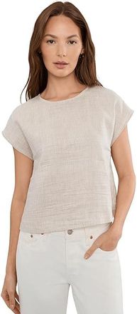 Eileen Fisher Petite Striped Organic Linen Sheen Round Neck Top Womens Clothing Wheat : LG, Linen/Nylon