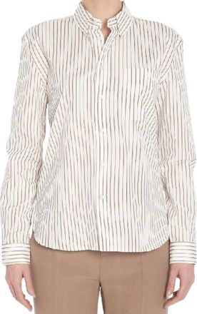 Saint Laurent Overhemden, Dames, Beige, L, Katoen, Beige Gestreept Klassiek Kraag Overhemd