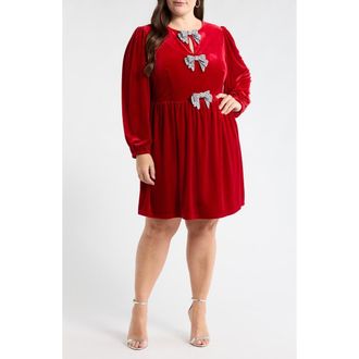 Sugarlips Glow Bow Velvet Long Sleeve Dress in Red at Nordstrom, Size 2X