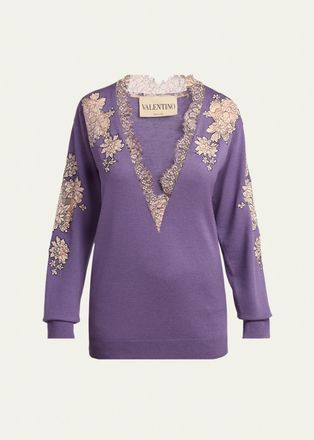 Valentino Garavani Lace-Inset Plunging Wool Sweater