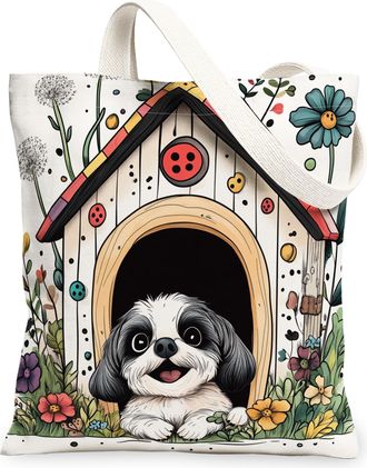 Generic Spring Shih Tzu Dog Canvas Tote Bag for Shopping 13x15, Fun Flower Puppy Kennel Reusable Grocery Print Pattern Bag for Women, Cute Pet Beach Aesthetic