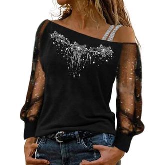 Generic Ladies Party Tops Sparkly Tops for Women UK Party Wear Lace Mesh Sheer Long Sleeve Top Elegant Dressy Blouse Crew Neck Sequin Tee Shirts Trenddy Casua