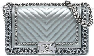 Chanel Pre-owned Womens Old Medium Chevron Lambskin And Braided Tweed Jacket Boy Flap - Silver Leather - One Size