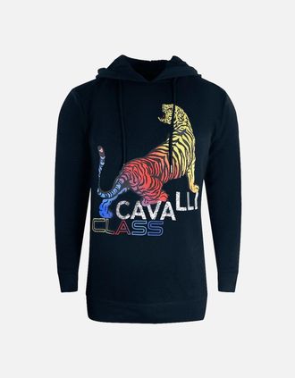 Roberto Cavalli Mens Cavalli Class Bold Tiger Logo Navy Blue Hoodie - Black/Black - Size: 40