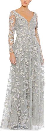 Mac Duggal Floral Applique Long Sleeve Illusion Gown