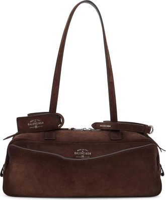 Balenciaga Womens Bowling Bag Carrie Suede Brown Calfskin Handbags Hand