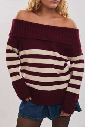 Le Lis Blanc Deux Off Shoulder Stripe Oversized Sweater In Maroon