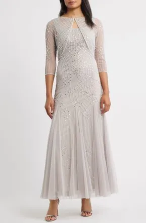 Pisarro Nights Beaded Gown with Long Sleeve Jacket in Silver at Nordstrom Rack, Size 4