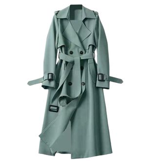 Generic Women Casual Long Trench Windproof Coat with Belt Solid Colour Double-Breasted Lapel Collar Windbreaker Jacket Spring Autumn Coat Outerwear
