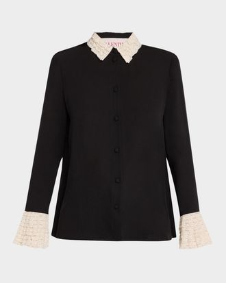 Valentino Garavani Lace Ruffle Button-Down Georgette Shirt