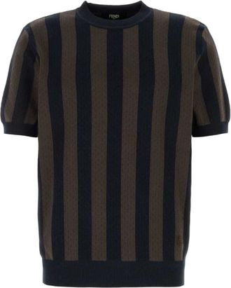 Fendi Pequin Zijde en Katoen Trui - Heren - Ronde hals truien - Blauw - L - Katoen - Truien & Vesten