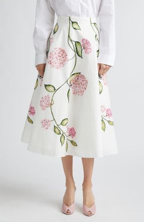 Oscar De La Renta Porcelain Flowers Stretch Cotton Poplin A-Line Midi Skirt in Pink/White at Nordstrom, Size 10