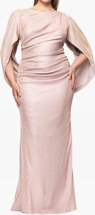 Betsy & Adam Gracie Long Glitter Galaxy Cowl Neck Back Dress In White/pink/gold