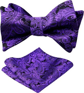 Alizeal Mens Paisley Jacquard Self Bow Tie Pocket Square Set (Dark Purple)(Size: One Size)