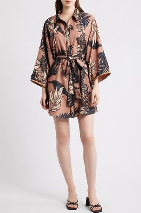 Ciebon Gaia Leaf Print Mini Shirtdress in Taupe at Nordstrom, Size X-Small