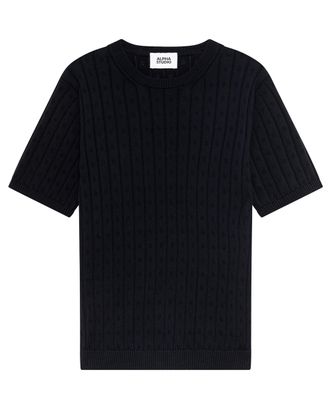 Alpha Studio Night Blue Cotton Knit Top with Openwork Detailing