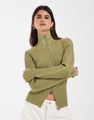 & Other Stories cardigan a coste con chiusura con zip e collo alto in verde oliva
