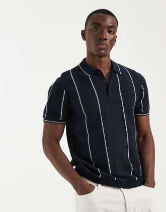Blend Polo slim fit in maglia di 100% cotone blu navy con righe sottili