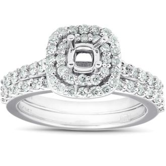 Pompeii3 3/4Ct Double Cushion Halo Diamond Engagement Ring Setting Mount 14k White Gold