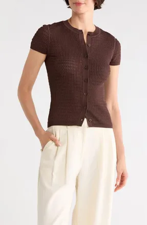 Calvin Klein Pointelle Short Sleeve Button Front Cardigan in Coffee Bean at Nordstrom Rack, Size X-Large