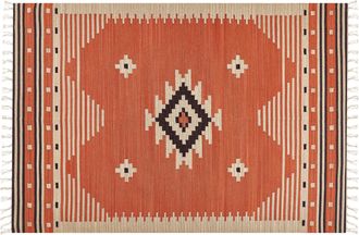 Beliani Alfombra Kilim De Algod&oacute;n Naranja Beige Marr&oacute;n 140 X 200 Cm Geom&eacute;trico Borlas Gavar