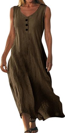 Generic Plus Size Dresses for Curvy Women Maxi Dresses for Women UK Ladies Black Dress Elegant Sleeveless V-Neck Linen Holiday Beach Sun Plus Size Summer Casu