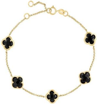 Effy 14K Yellow Gold Onyx Floral Motif Station Bracelet in 14K Gold at Nordstrom, Size 7.5
