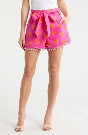 Sugarlips Rosy Polka Dot Pompom Cotton Shorts in Fuchsia-Orange-Dot at Nordstrom, Size X-Small