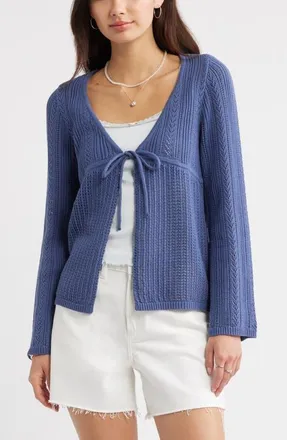 BP. Openstitch Tie Front Cotton Blend Cardigan in Blue Indigo at Nordstrom, Size Xx-Small
