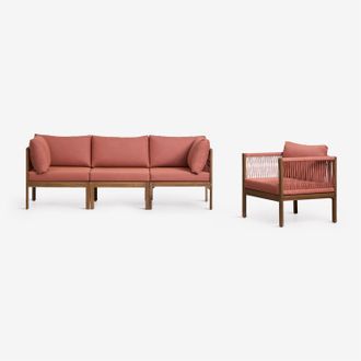 Sklum Conjunto De Jard&iacute;n Con Sof&aacute; Modular De 3 Piezas Con Reposabrazos Y Sill&oacute;n En Madera De Acacia Branson Sklum