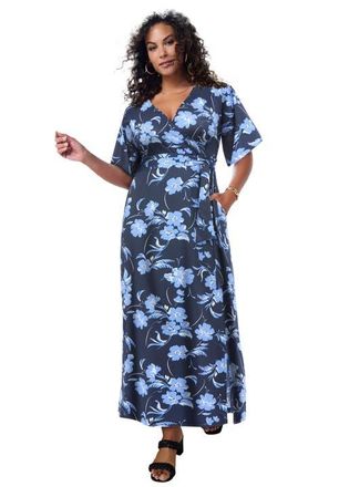 Roaman's Plus Size Flutter Sleeve Wrap Maxi Dress in Navy Graphic Bouquet at Nordstrom, Size 32