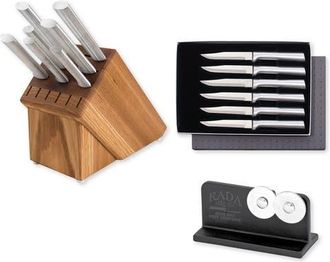 Rada Essential Oak 8 Piece Knife Block Set with Knife Sharpener & 6 Piece Serrated Steak Knife Set, Silver Handles at Nordstrom