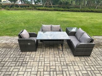 Fimous Lounge Rattan Sofa Set Outdoor Garden Furniture Oblong Rectangular Dining Table With Chairs Side Table Dark Grey Mixed