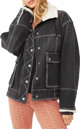 Free People Ariel Cozy Denim Bomber Jacket In Washed Black