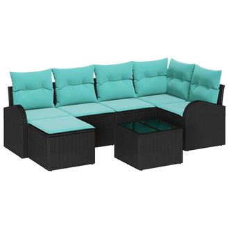 vidaXL Juego De Sof&aacute; 7 Uds. Negro Y Turquesa Rat&aacute;n Sint&eacute;tico Vidaxl