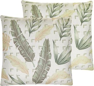 Beliani Conjunto De 2 Cojines Decorativos Verde Y Beige Patr&oacute;n De Hojas 45 X 45 Cm Fundas Extra&iacute;bles Cierre De Cremallera Estilo Boho Moderno Rhapis