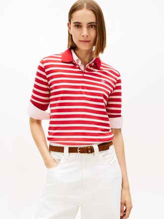 Tommy Hilfiger Poloshirt TOMMY HILFIGER TH SCRIPT LYOCELL ZIP SS POLO, Damen, Gr. XXXL(46), primary rot, pink, calico stp, Single Jersey, Obermaterial: 65% Lyocell, 