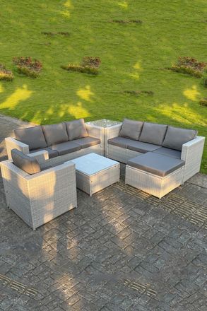 Fimous Light Grey Outdoor Rattan Garden Furniture Set Corner Sofa Set 2 Coffee Table
