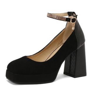 Generic Womens Round Toe Pumps Suede Snakeskin Pattern Block Heel Platform Adjustable Ankle Strap Rhinestone Charm Cushioned Insole Anti-Slip Durable Sole,Bla