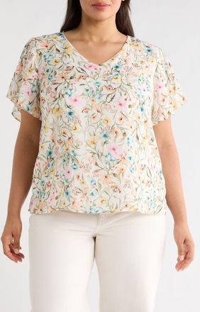 Vince Camuto Print Tulip Sleeve Top in Antique White at Nordstrom, Size 2 X