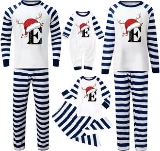 Generic Family Christmas Pyjamas Set Stripe Letter Print Crew Neck Homewear Long Sleeve Thin Fleece Xmas Pjs Sets Relaxed-Fit Lightweight Matching Pyjamas Fun