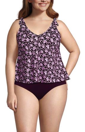 Lands End Chlorine Resistant V-neck Shoulder Tie Flutter Tankini Swimsuit Top in Tropic Floral Ditsy/dark Wine at Nordstrom, Size 16W