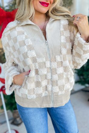 Azura Exchange Womens Checkered Faux Fur Corduroy Jacket - Ivory - Size X-Large